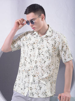 CRIMSOUNE CLUB - Men Brown Floral Print Linen Shirt