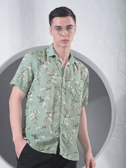 CRIMSOUNE CLUB - Men Green Floral Print Linen Shirt