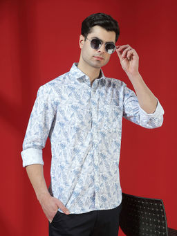 CRIMSOUNE CLUB - Men's Blue Floral Print Linen Shirt