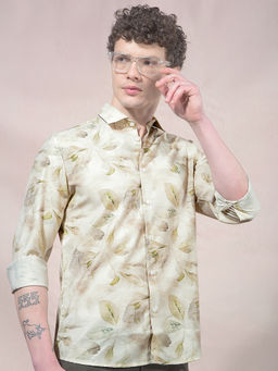 CRIMSOUNE CLUB - Men Beige Floral Print Linen Shirt
