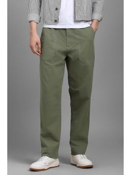 Louis Philippe - Men Olive Solid Flat Front Casual Trousers