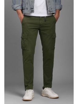 Louis Philippe - Men Olive Slim Fit Solid Flat Front Casual Cargo