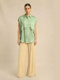 NEORA BY NEHAL CHOPRA - Ash Green Silk Coin Flap Shirt