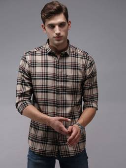 SHOWOFFFF - Men Beige Collar Neck Tartan Checks Comfort Fit Shirt