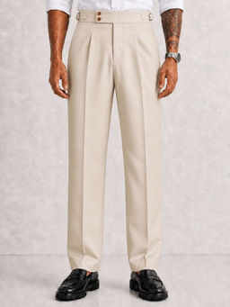 Perch - Cream Solid Straight Fit Double Buckle Gurkha Pant