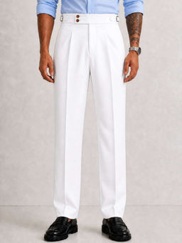 Perch - White Solid Straight Fit Double Buckle Gurkha Pant