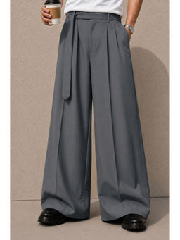 Perch - Steel Grey Solid Wide Leg Fit Belted Korean Pant
