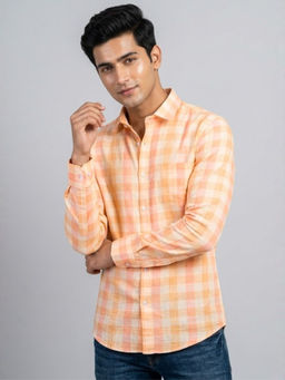 LINENWEAR - Orange Checkered Full Sleeves Spread Collar Casual Shirt