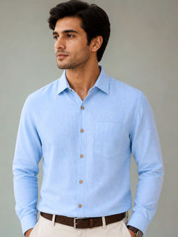 LINENWEAR - Blue Textured Pure Linen Casual Shirt