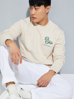 max - Beige Men Printed Oversized Sweatshirt