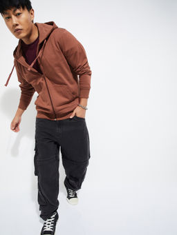 max - Brown Men Solid Hooded Hoodie
