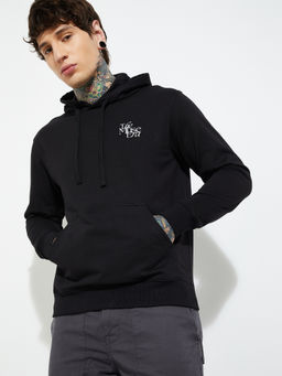 max - Black Men Printed Hooded Hoodie