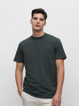 Selected - Dark Green Solid Crew Neck T-Shirt