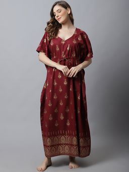 Secret Wish - Maroon Printed Cotton Kaftan Nighty