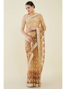 Soch - Women Beige Organza Printed Saree with Unstitched Blouse