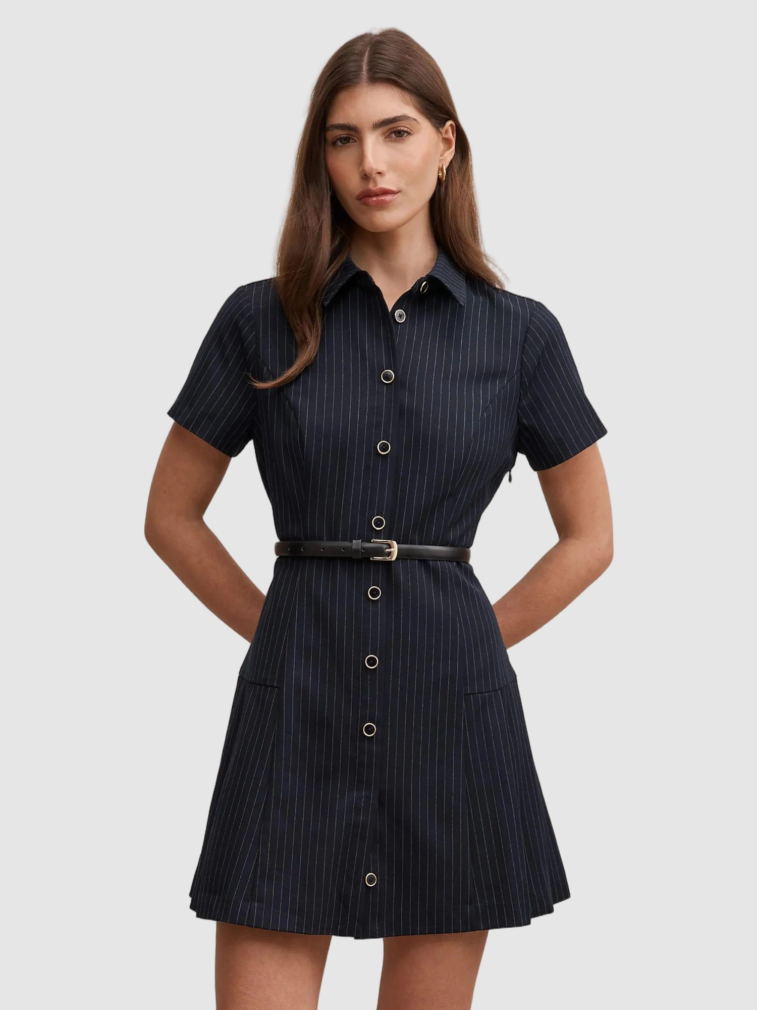 forever new Women Navy Blue Stripes Polyester Dress with Belt-picture-15