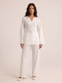 NISHORAMA - Women White Solid/Plain Cotton Top with Pant