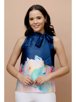 PURYS - Women Navy Blue Floral Satin Top