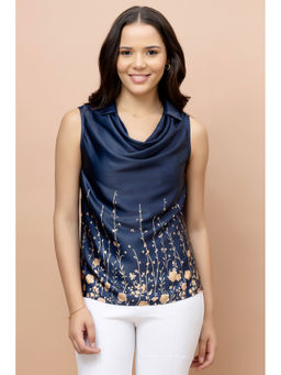 PURYS - Women Navy Blue Floral Satin Top