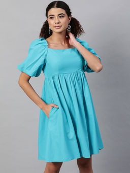 STREET 9 - Women Turquoise Solid/Plain Cotton Dress