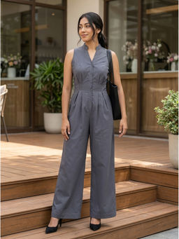 Moomaya - Women Grey Solid/Plain Cotton Dress with Belt