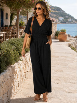 Moomaya - Women Black Solid/Plain Linen Blend Jumpsuit