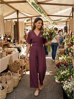 Moomaya - Women Purple Solid/Plain Linen Blend Jumpsuit