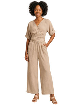 Moomaya - Women Beige Textured Linen Blend Jumpsuit