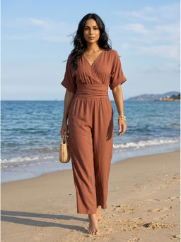 Moomaya - Women Brown Solid/Plain Linen Blend Jumpsuit