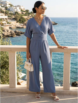 Moomaya - Women Blue Solid/Plain Linen Blend Jumpsuit
