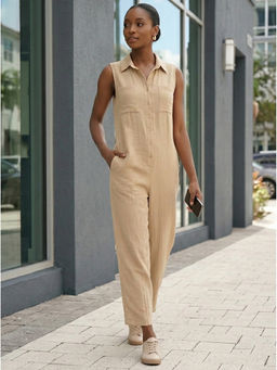 Moomaya - Women Beige Solid/Plain Linen Blend Jumpsuit