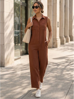 Moomaya - Women Brown Solid/Plain Linen Blend Jumpsuit
