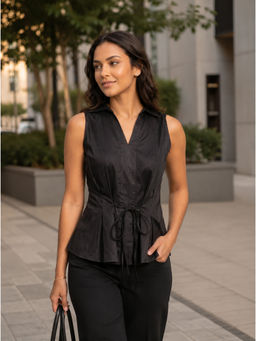 Moomaya - Women Black Solid/Plain Cotton Blend Top