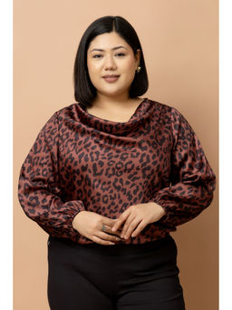 PURYS PLUS - Women Bronze Animal Print Satin Top