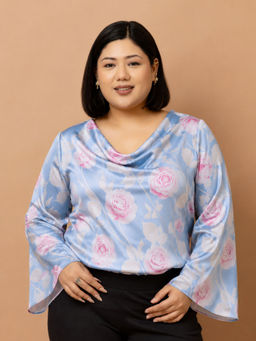 PURYS PLUS - Women Blue Floral Satin Top