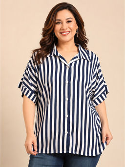 THE PINK MOON - Women Navy Blue Stripes Viscose Rayon Shirt
