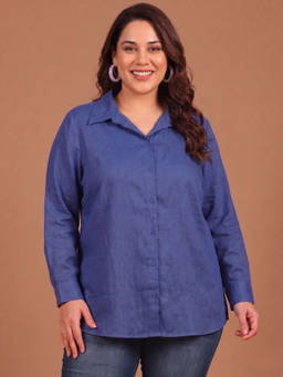 THE PINK MOON - Women Blue Solid/Plain Linen Blend Shirt