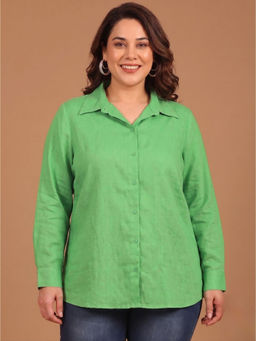 THE PINK MOON - Women Green Solid/Plain Linen Blend Shirt