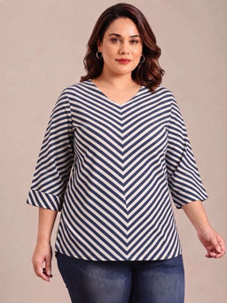 THE PINK MOON - Women Navy Blue Stripes Polyester Top