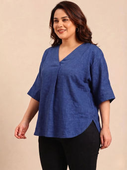 THE PINK MOON - Women Blue Solid/Plain Linen Blend Top