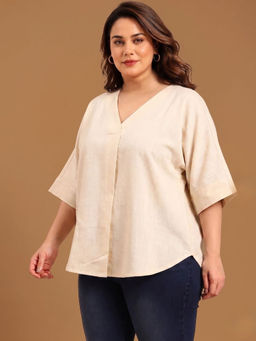 THE PINK MOON - Women Off White Solid/Plain Linen Blend Top