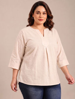 THE PINK MOON - Women Off White Solid/Plain Linen Blend Top