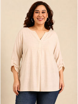 THE PINK MOON - Women Off White Solid/Plain Linen Top