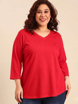 THE PINK MOON - Women Red Solid/Plain Cotton T-Shirt