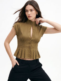 Outzidr - Women Tan Solid/Plain Polyester Crop Top