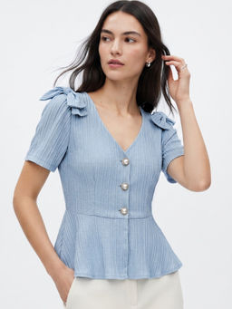Outzidr - Women Blue Solid/Plain Polyester Top