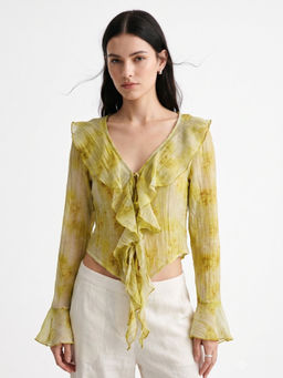 Outzidr - Women Yellow Printed Polyester Crop Top
