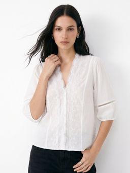 Outzidr - Women White Embroidered Polyester Top