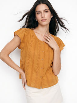 Outzidr - Women Mustard Embroidered Polyester Top