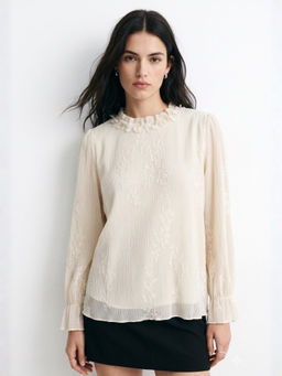Outzidr - Women Off White Embellished/Sequined Polyester Top